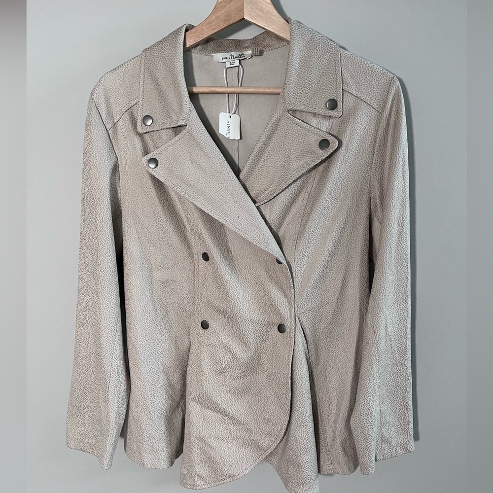 Simply Noelle Womens Pebble Texture Double Breasted Moto Peplum Jacket Beige S/M